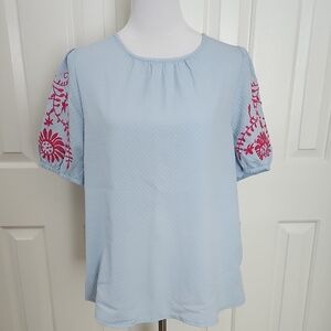 Chic Light Blue Blouse with Pink Embroidery
